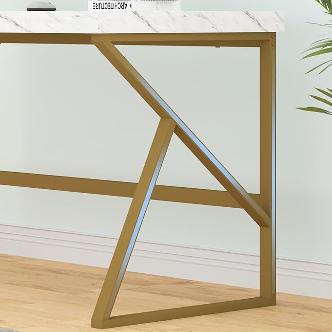 HSH White Faux Marble and Gold Desk, Modern Home Office Executive PC Laptop Computer Desk, Farmhouse Writing Study Work Gaming Table for Bedroom Living Room, Simple Metal Wood Workstation, 55 Inch - LeafyLoom