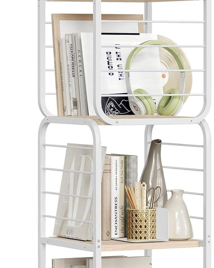 VASAGLE 4-Tier Rotating Bookshelf, Bookcase with Bookends for Small Spaces, Corner Shelf, Steel Frame, Natural Beige and Cloud White ULLS127W67 - LeafyLoom