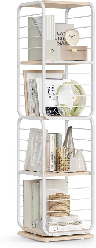 VASAGLE 4-Tier Rotating Bookshelf, Bookcase with Bookends for Small Spaces, Corner Shelf, Steel Frame, Natural Beige and Cloud White ULLS127W67 - LeafyLoom