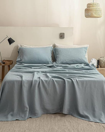 Simple&Opulence 100% Linen Sheet Set Solid Color-4 Pcs Washed French Linen Bed Sheets(1 Flat Sheet,1 Fitted Sheet,2 Pillowcases)-Breathable Bedding Set (Dusty Blue, Queen) - LeafyLoom
