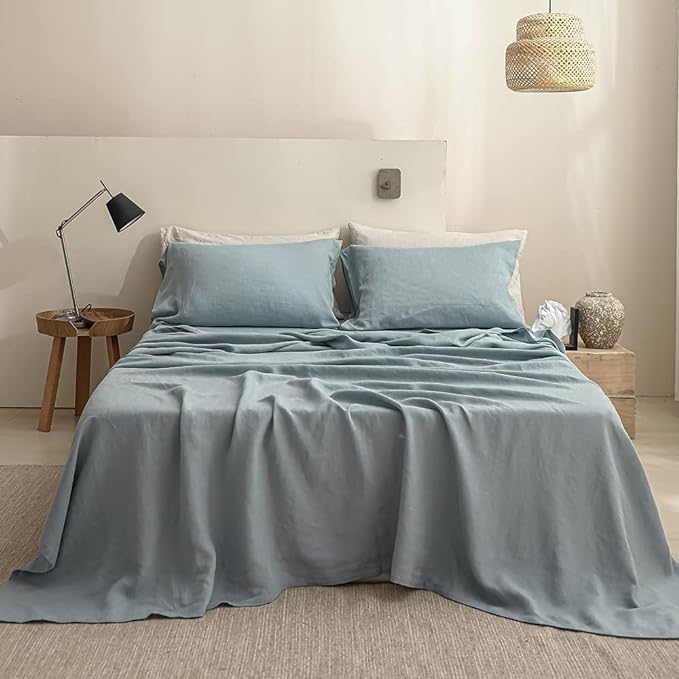 Simple&Opulence 100% Linen Sheet Set Solid Color-4 Pcs Washed French Linen Bed Sheets(1 Flat Sheet,1 Fitted Sheet,2 Pillowcases)-Breathable Bedding Set (Dusty Blue, Queen) - LeafyLoom