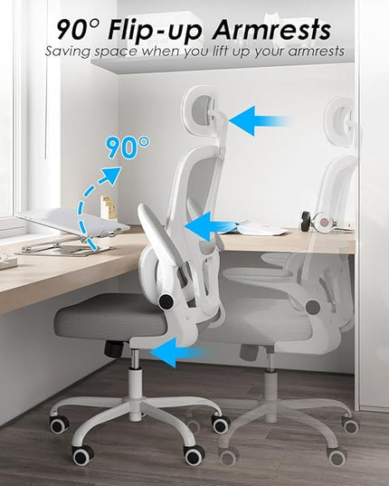 Soohow Ergonomic Home Office Chair, Mesh Desk Chair with Lumbar Support, Comfy Computer Desk Chair with Flip Armrest Rolling Wheels, Adjustable Headrest, Grey. - LeafyLoom