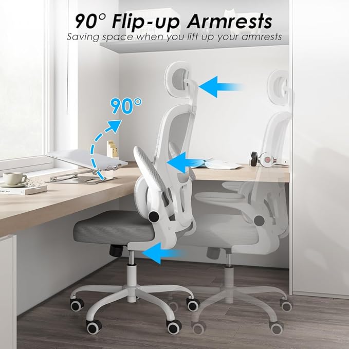 Soohow Ergonomic Home Office Chair, Mesh Desk Chair with Lumbar Support, Comfy Computer Desk Chair with Flip Armrest Rolling Wheels, Adjustable Headrest, Grey. - LeafyLoom