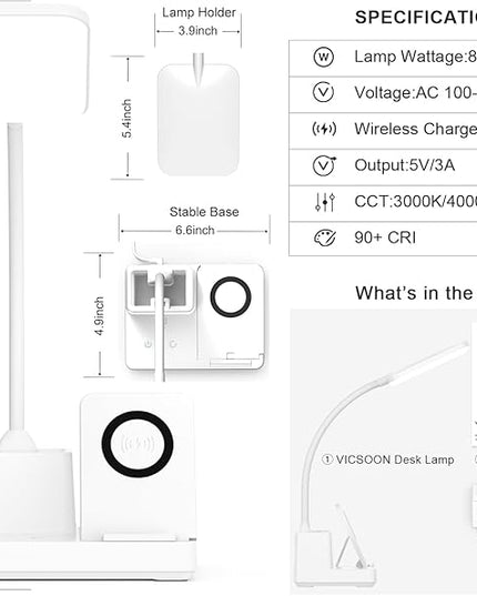 Desk Lamp, Desk Lamps for Home Office with USB Port Pen holder Wireless Charger 360 Gooseneck 3 Color Modes Dimmable Touch Square 800 Lumens CRI 85, Desk Light for college dorm room, White - LeafyLoom