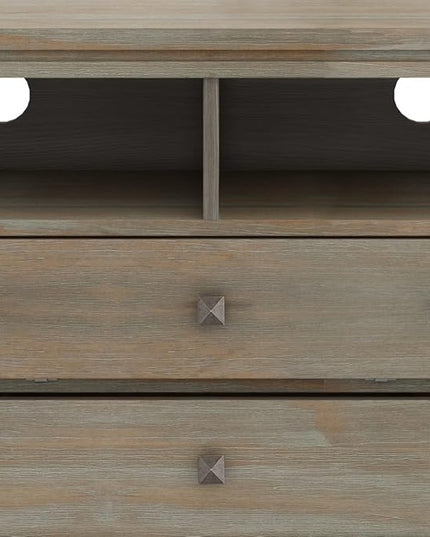 SIMPLIHOME Cosmopolitan SOLID WOOD Universal TV Media Stand, 72 inch Wide, Contemporary, Living Room Entertainment Center with Storage, for Flat Screen TVs up to 80 inches in Distressed Grey - LeafyLoom