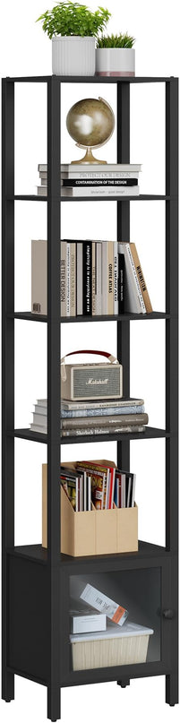TUTOTAK 6 Tier Bookcase and Bookshelf, Narrow Book shelf with Door for Small Space, for Living Room, Office, Study, Entryway, Black BS03BK006 - LeafyLoom