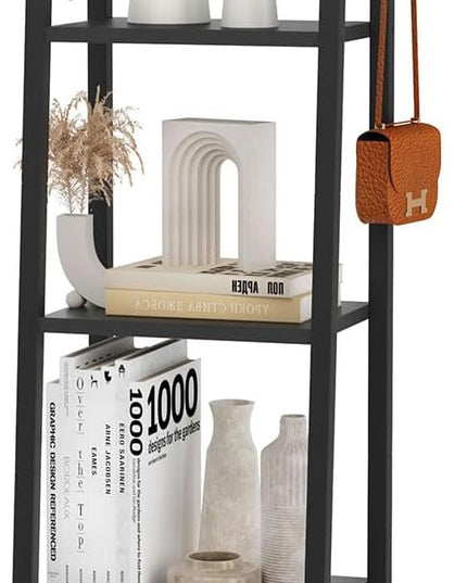 YMYNY 5 Tiers Ladder Bookcase, Industrial Narrow Bookshelf, Open Display Rack with 4 S Hooks, Metal Storage Shelves for Bedroom, Home Office, Living Room, Black, 63H*13.4L*11.8W, UHBC025B - LeafyLoom