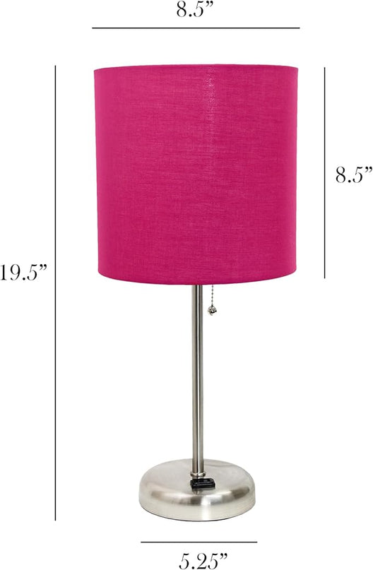 Simple Designs LT1144-PNK Sleek and Slender Brushed Steel Table Lamp with Charging Outlet, for Bedroom, Living Room, Entryway, Office, Dining Room, Study, Pink Shade - LeafyLoom