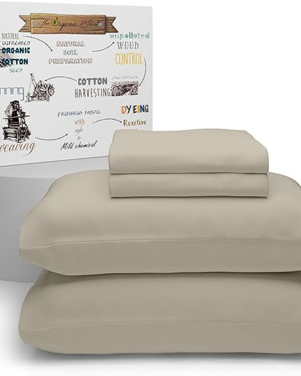 Purity Home Organic 100% Cotton King Size Sheets Set Beige, Percale Weave King Bedding Set, Crisp, Cooling & Breathable Beige Bed Sheets King Size, Fits Mattress Upto 16" Deep Pocket - LeafyLoom