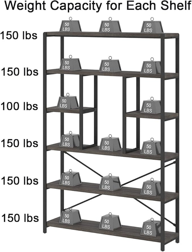 LVB Industrial Tall Bookshelf, Modern Wood Metal 6 Tier Book Shelf, Farmhouse Large 6 Shelf Etagere Bookcase, Open Wide Storage Bookshelves and Bookcases for Bedroom Living Room Office, Dark Gray Oak - LeafyLoom