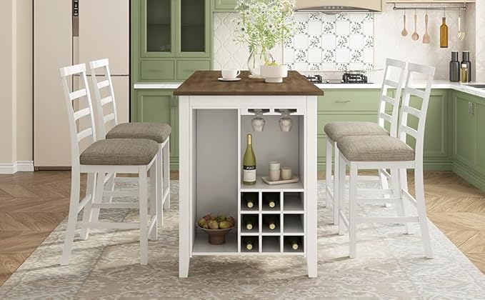 RITSU Minimalistic 5-Piece Multifunctional Rubber Wood Counter Height Dining Table Set with Upholstered Chairs, Side Storage and Wine Glass Holder for Kitchen, Living Room，Brown & White Wash, 59.6inch - LeafyLoom