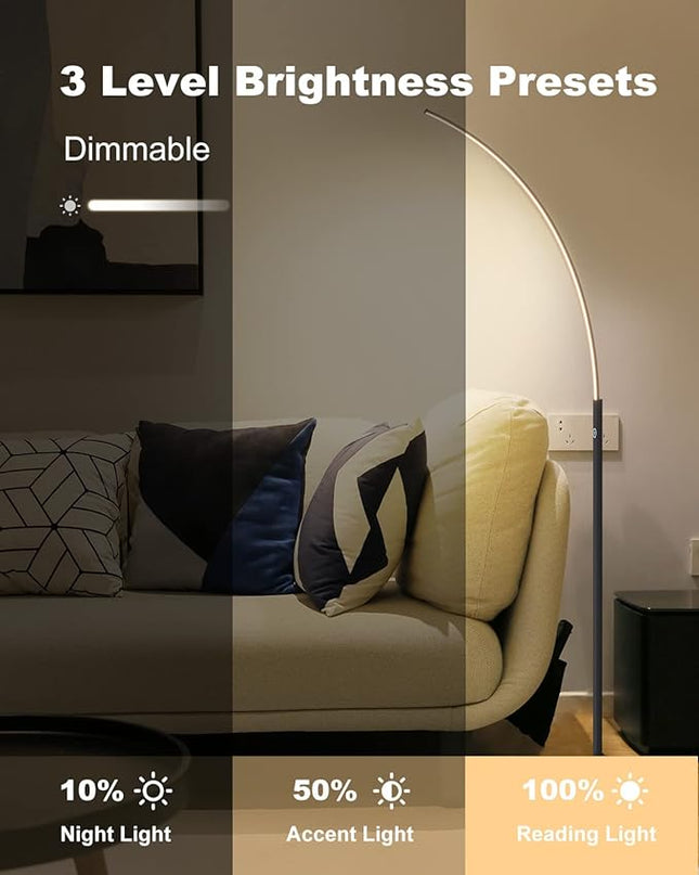 TACAHE Arc Corner Floor Lamp - 3000K Warm White & 3 Brightness Presets - Curved LED Accent Lamp with Touch Switch - 63" Modern Standing Lamp for Bedroom, Living Room - 12W - Black - LeafyLoom