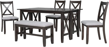 6 Piece Family Set with Solid Wood Foldable Table and 4 Chairs, Bench, Space Saving ann Easy to Assemble, for Living, Dining Room, Home Bar and Kitchen, Dark Brown - LeafyLoom