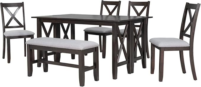6 Piece Family Set with Solid Wood Foldable Table and 4 Chairs, Bench, Space Saving ann Easy to Assemble, for Living, Dining Room, Home Bar and Kitchen, Dark Brown - LeafyLoom
