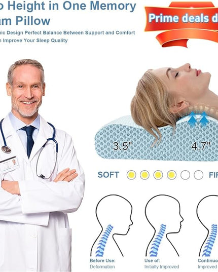 Anvo Memory Foam Pillow, Neck Contour Cervical Orthopedic Pillow for Sleeping Side Back Stomach Sleeper, Ergonomic Bed Pillow for Neck Pain - Blue White, Firm - LeafyLoom
