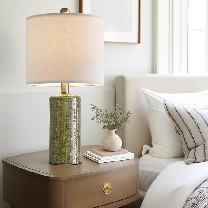 20.25" Small Table Lamps Set of 2 Modern Ceramic Lamps for Living Room Farmhouse Bedside Lamps Boho Lamps for Night Stands Green Bedroom Lamps Side Table Lamps End Table Lamps - LeafyLoom
