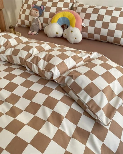 Wellboo Light Brown Plaid Comforter Sets Queen Women Men Cream Coffee and White Checkerboard Grid Bedding Comforters Cotton Boys Girls Modern Light Taupe Checkered Geometric Quilts Luxury Abstract Bed - LeafyLoom