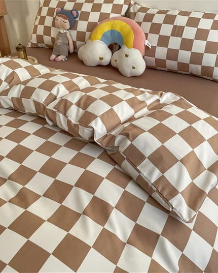 Wellboo Light Brown Plaid Comforter Sets Twin Women Men Cream Coffee and White Checkerboard Grid Bedding Comforters Cotton Boys Girls Modern Light Taupe Checkered Geometric Quilts Luxury Abstract Bed - LeafyLoom