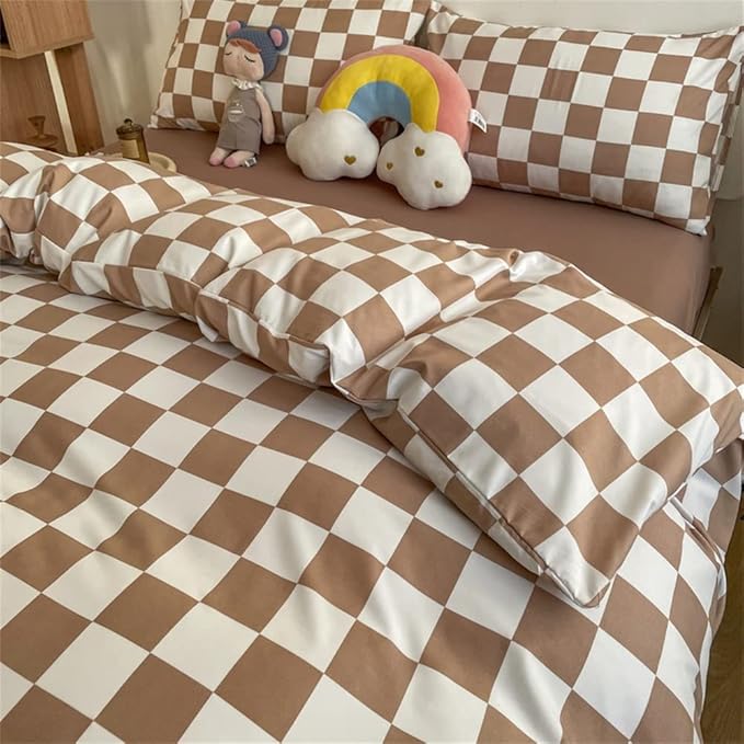 Wellboo Light Brown Plaid Comforter Sets Twin Women Men Cream Coffee and White Checkerboard Grid Bedding Comforters Cotton Boys Girls Modern Light Taupe Checkered Geometric Quilts Luxury Abstract Bed - LeafyLoom