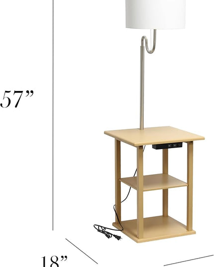 Simple Designs LF2016-TAN 57" Modern 2 Tier End Table Floor Lamp Combination with 2 x USB Charging Ports & Power Outlet with White Drum Fabric Shade for Bedroom, Living Room, Office, Tan - LeafyLoom