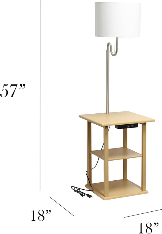 Simple Designs LF2016-TAN 57" Modern 2 Tier End Table Floor Lamp Combination with 2 x USB Charging Ports & Power Outlet with White Drum Fabric Shade for Bedroom, Living Room, Office, Tan - LeafyLoom
