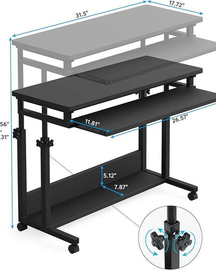 Tribesigns Portable Desk for Sofa and Bed, Height Adjustable Mobile Laptop Table Small Standing Desk Rolling Computer Cart with Keyboard Tray on Wheels for Home Office (Black) - LeafyLoom