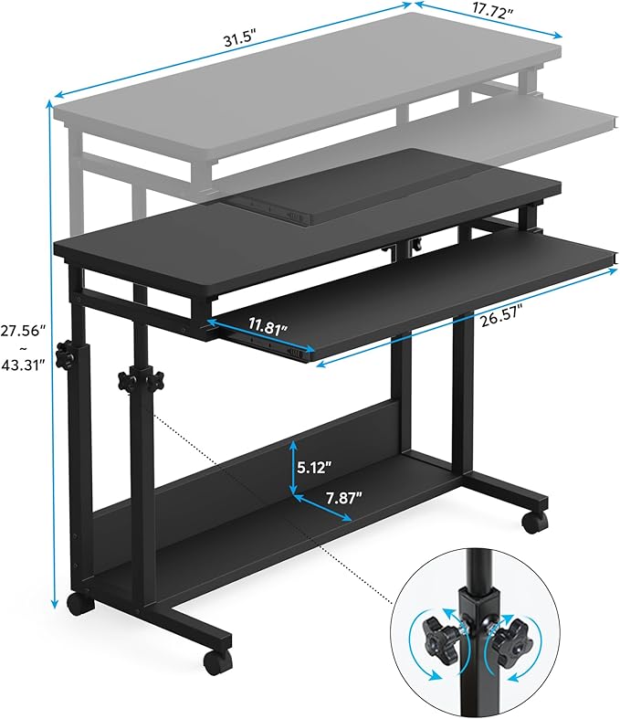 Tribesigns Portable Desk for Sofa and Bed, Height Adjustable Mobile Laptop Table Small Standing Desk Rolling Computer Cart with Keyboard Tray on Wheels for Home Office (Black) - LeafyLoom