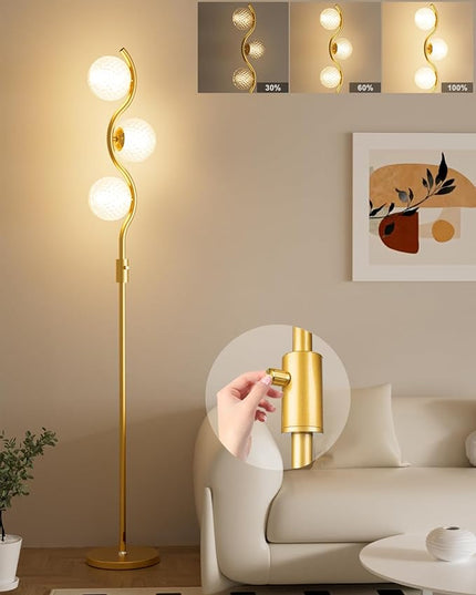Lightdot Dimmable Brass Crystal Floor Lamp, Gold Standing Lamps for Living Room, 3PCS 3000K G9 Bulbs Included, Mid Century Modern Globe Floor Lamp for Bedroom Home Decor - LeafyLoom