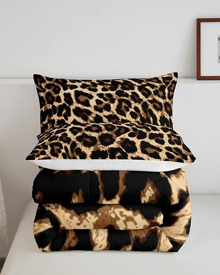Black Brown Leopard Print Comforter Set Women Cheetah Printed Bedding Set Men Africa Animal Wildlife Duvet Set for Kids Girls Teens Bedroom Decor Luxury Home Hotel Room Soft Comforter Queen Size 3Pcs - LeafyLoom