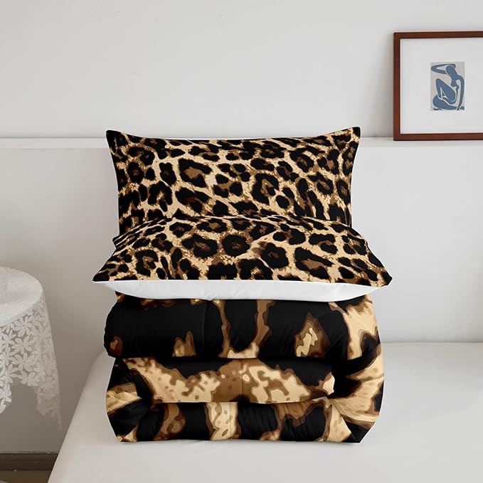 Black Brown Leopard Print Comforter Set Women Cheetah Printed Bedding Set Men Africa Animal Wildlife Duvet Set for Kids Girls Teens Bedroom Decor Luxury Home Hotel Room Soft Comforter Queen Size 3Pcs - LeafyLoom