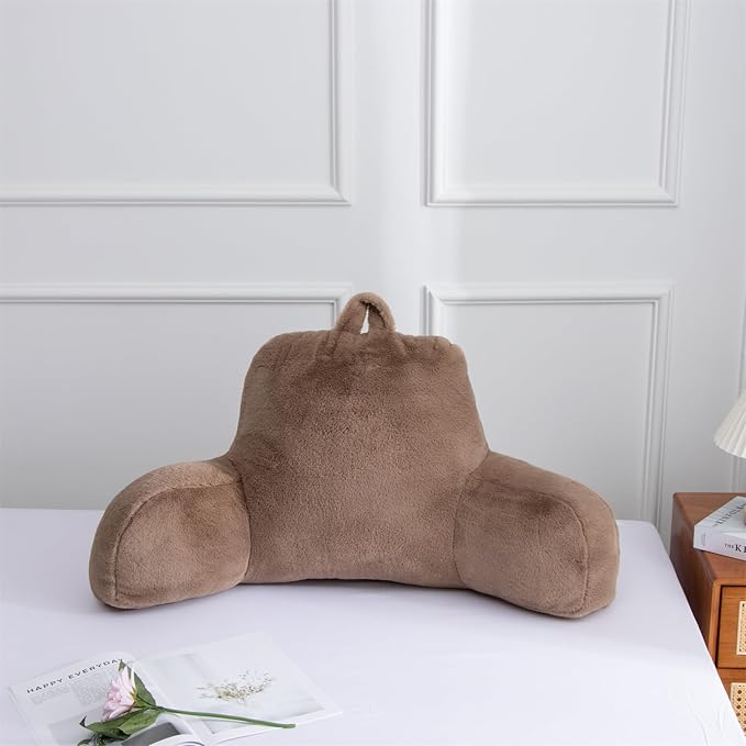 A Nice Night Faux Fur Reading Pillow Bed Wedge Large Adult Children Backrest with Arms Back Support for Sitting Up in Bed/Couch for Bedrest,Khaki - LeafyLoom