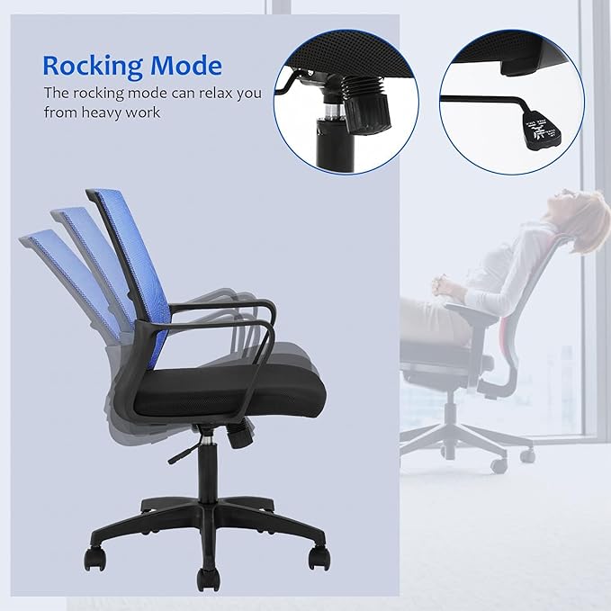Office Chair Ergonomic Desk Task Chair Mesh Computer Chair Mid-Back Mesh Home Office Swivel Chair Modern Executive Chair with Wheels Armrests Lumbar Support (Blue) - LeafyLoom