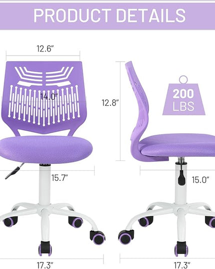 Kids Desk Chair, Armless Home Office Task Chair with Mesh Padded Cushion, Swivel Study Computer Chair with Rolling Wheels for Children Student, Purple - LeafyLoom