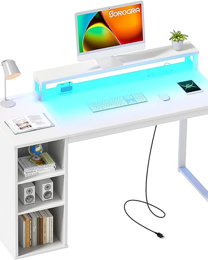 White Computer Desk with LED Lights and Power Outlets 47 inch Home Office Desk with Storage Shelves, Small Writing Desk with Monitor Stand for Bedroom, Workstation - LeafyLoom