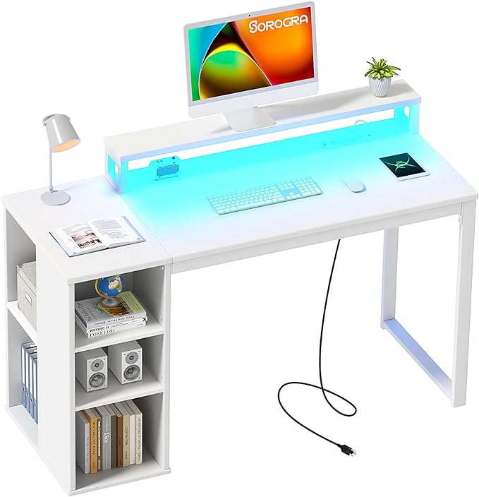 White Computer Desk with LED Lights and Power Outlets 47 inch Home Office Desk with Storage Shelves, Small Writing Desk with Monitor Stand for Bedroom, Workstation - LeafyLoom