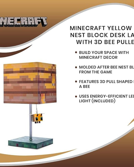 Minecraft Yellow Bee Nest Block Desk Lamp with 3D Bee Puller | Nightstand Table Lamp with LED Mood Light for Bedroom, Desk, Living Room, Playroom | Home Decor Kids Room Essentials | Video Game Gifts - LeafyLoom
