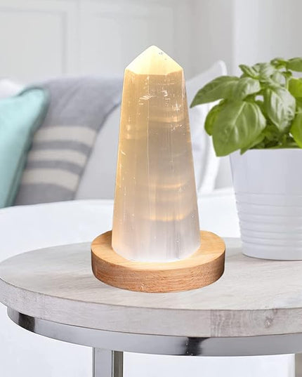 JIC Gem USB Selenite Lamp Hexagonal Crystal Points Selenite Tower Lamp Morocco Skyscraper 4 Inch with Wooden Light Stand Base - LeafyLoom