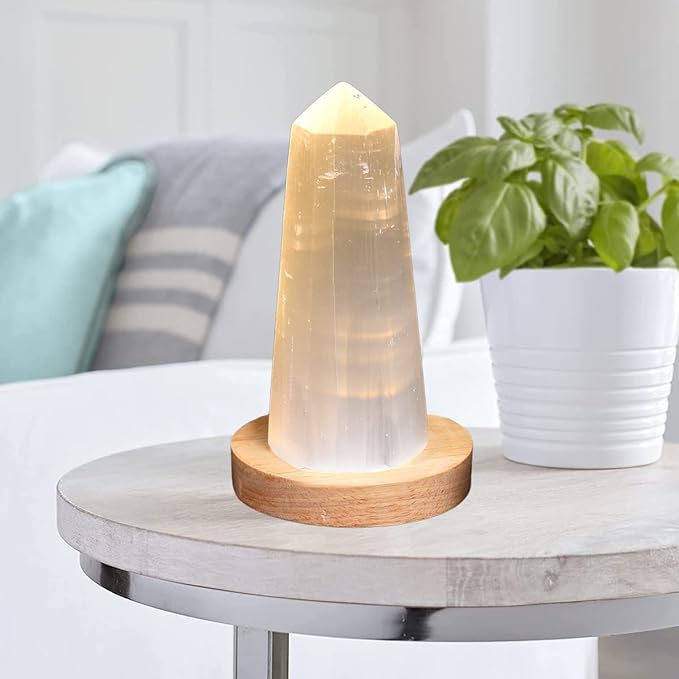 JIC Gem USB Selenite Lamp Hexagonal Crystal Points Selenite Tower Lamp Morocco Skyscraper 4 Inch with Wooden Light Stand Base - LeafyLoom