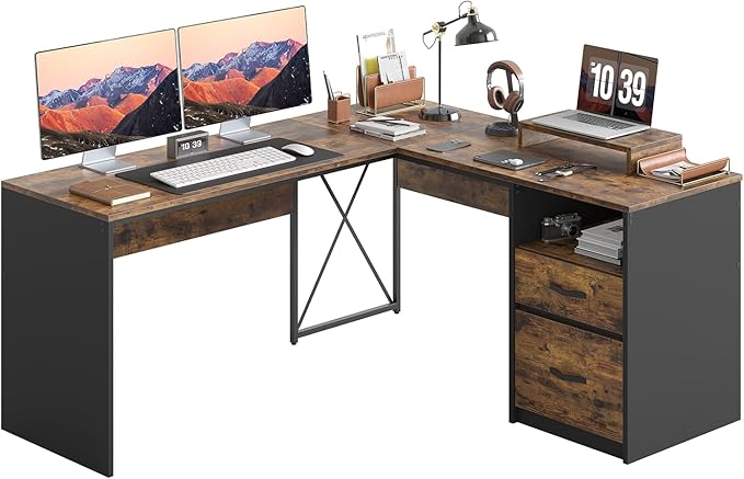 Bestier L Shaped Desk with Drawers, 55 inch Office L Desk with Reversible File Drawer, Industrial Wood Computer Desk with Monitor Stand (Rustic Brown) - LeafyLoom