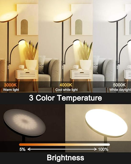 Led Floor Lamp Torchiere Floor Lamp with Adjustable Reading Lamp,2000lumens Main Light and 400lumens Side Reading Light for Living Room, Bedroom, Office, Work with Remote Control, Matte Black - LeafyLoom