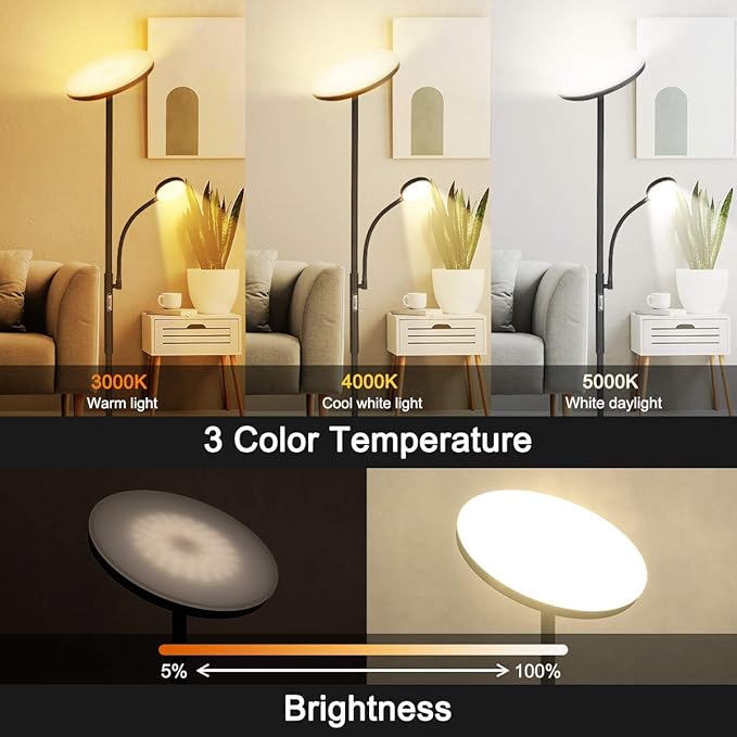 Led Floor Lamp Torchiere Floor Lamp with Adjustable Reading Lamp,2000lumens Main Light and 400lumens Side Reading Light for Living Room, Bedroom, Office, Work with Remote Control, Matte Black - LeafyLoom