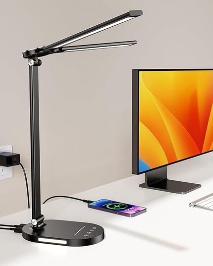 Desk Lamps for Home Office, Eye-Care LED Desk Lamp with USB Charging Port, Touch Control Table Lamp with Night Light Mode, 60 min Timer Desktop Lamp for College Dorm Room Bedroom - LeafyLoom