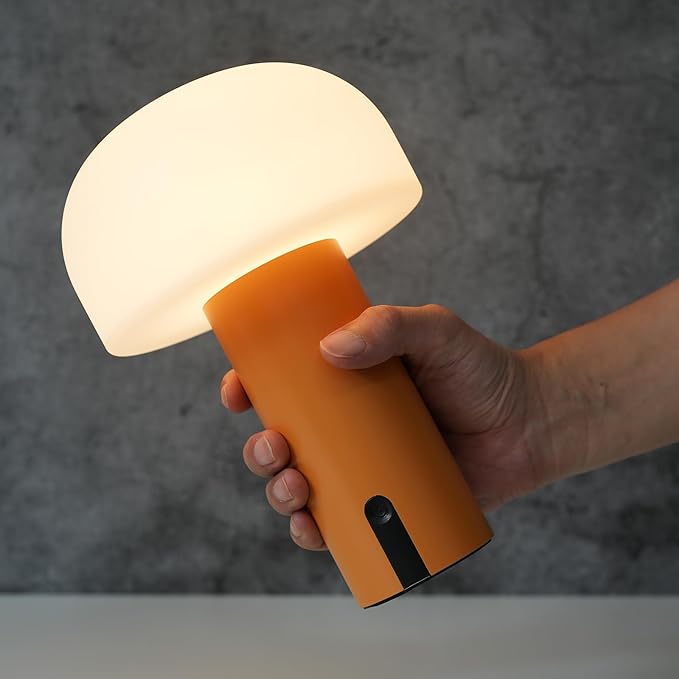 Outdoor Mushroom Table Lamp Rechargeable, Cordless Lamps for Patio Waterproof, Portable Battery Operated Lamp with USB Charging, Touch Dimming Night Light for Home/Porch/Restaurant (Orange) - LeafyLoom