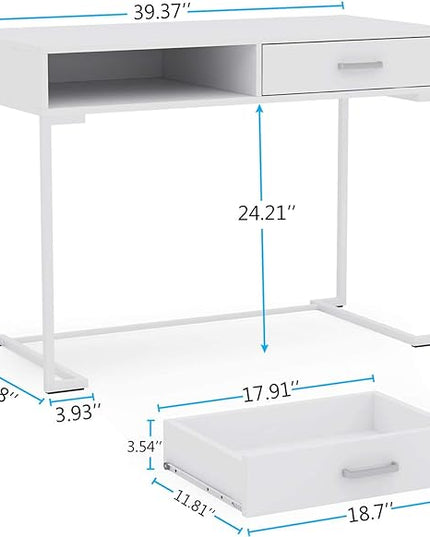 Tribesigns 40 Inch White Computer Desk, White Writing Desk with 2 Drawers, Modern Simple Study Desk Makeup Vanity Table for Bedroom Small Spaces - LeafyLoom