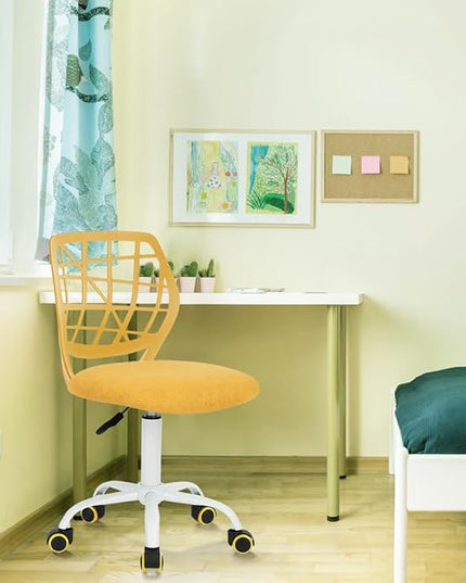 Kids Desk Chair, Fabric Office Chair Armless Small Mid Back Swivel Children Computer Task Chair Ergonomic Height Adjustable Study Chairs with Swivel Padded Cushion and Rolling Wheels, Yellow - LeafyLoom