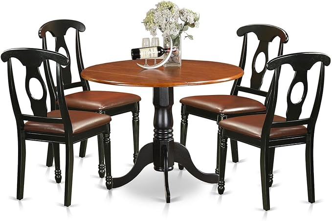 East West Furniture Dublin 5 Piece Dining Set for 4 Includes a Round Kitchen Table with Dropleaf and 4 Faux Leather Upholstered Dinette Chairs, 42x42 Inch, Black & Cherry - LeafyLoom