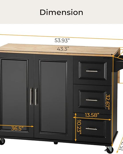 54" Large Kitchen Island Cart with Drop Leaf, Kitchen Island with Storage, Rolling Kitchen Island with Inside Cabinet, 3 Drawers, Spice Rack, Towel Rack and Wood Tabletop(Black) - LeafyLoom