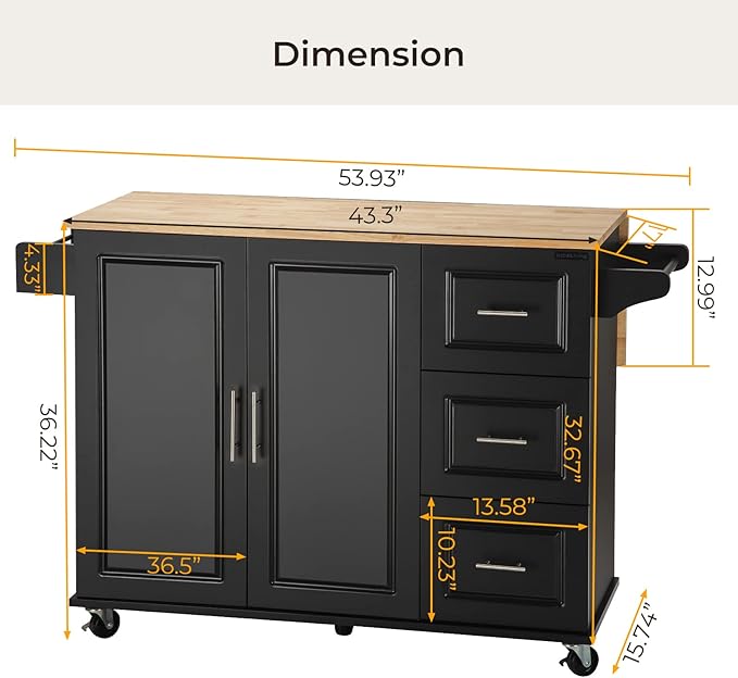 54" Large Kitchen Island Cart with Drop Leaf, Kitchen Island with Storage, Rolling Kitchen Island with Inside Cabinet, 3 Drawers, Spice Rack, Towel Rack and Wood Tabletop(Black) - LeafyLoom