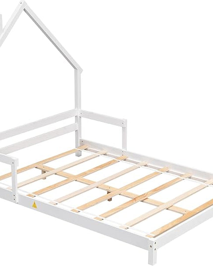 Full Size Bed Frame for Kids,House-Shaped Headboard Kids Bed,Girls Bed with Handrails,Low Platform Bed for Boys Girls,No Box Spring Needed(White) - LeafyLoom