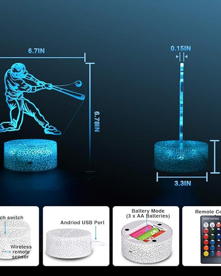 LETOUR Night Light for Kids Baseball 3D Night Light Porpoise Illusion Lamp with Remote Control 16 Color Changing Xmas Halloween Birthday Gift for Child Baby Boy (Remote - Ice Crack Base) - LeafyLoom
